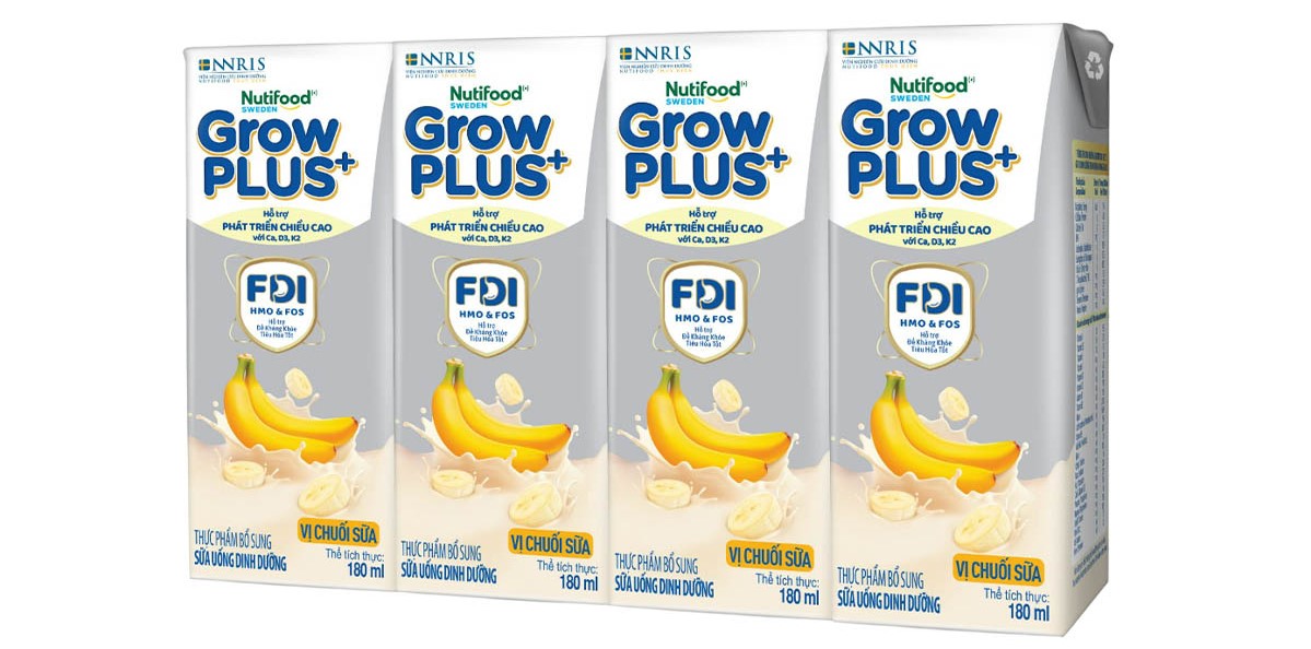 Lốc 4 hộp sữa pha sẵn GrowPLUS+ vị chuối sữa 180ml 