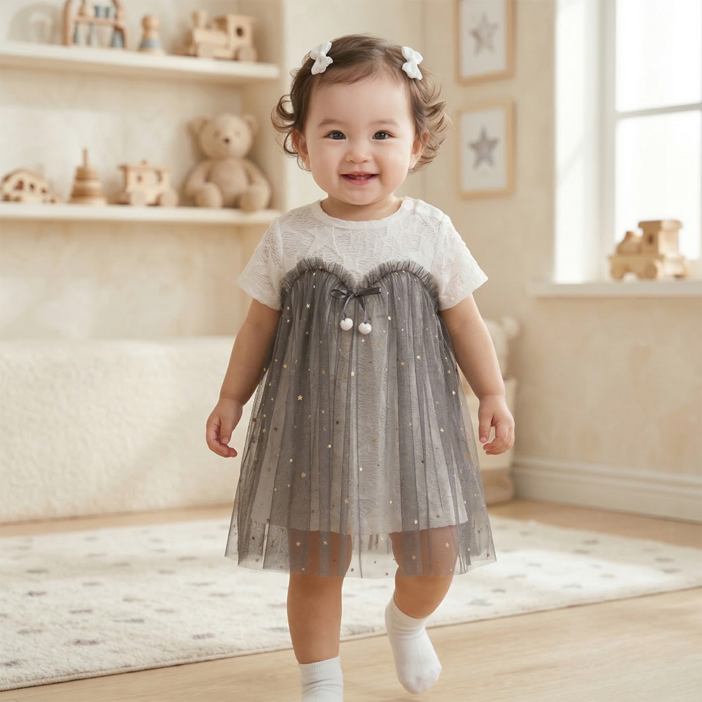 Váy cộc tay Bibo's H0931 trắng phối tutu ghi cho bé gái