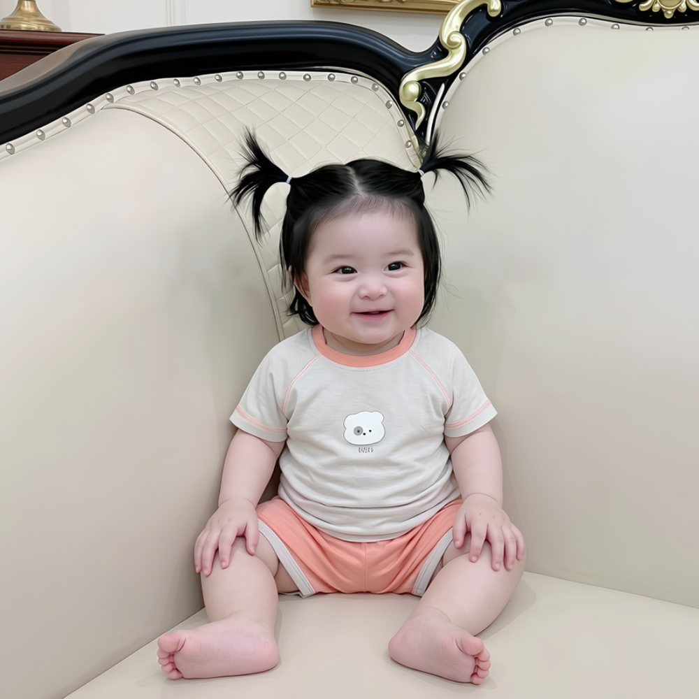 Bộ cộc bé trai Bibo's sợi tre ghi mix cam in gấu