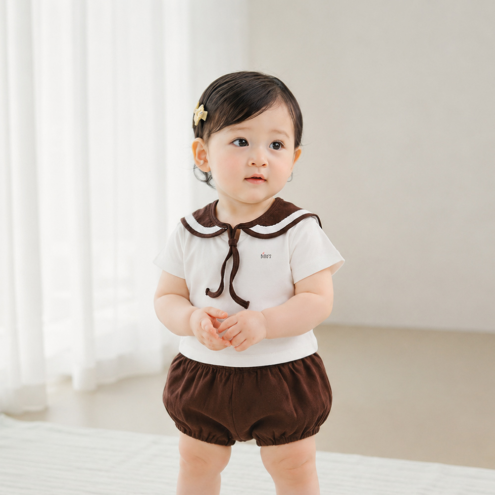 Bộ cộc tay bé gái cổ thủy thủ Bibo's LV260 nâu