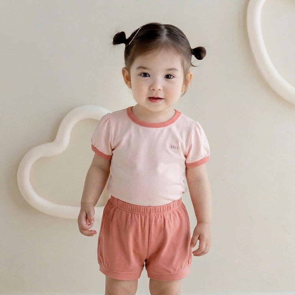 Bộ cộc tay bé gái nơ cổ sau Bibo's LV260 hồng nhạt