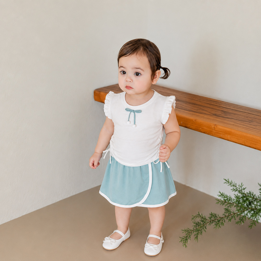 Bộ bé gái áo trắng LV260 Bibo's mix chân váy xanh