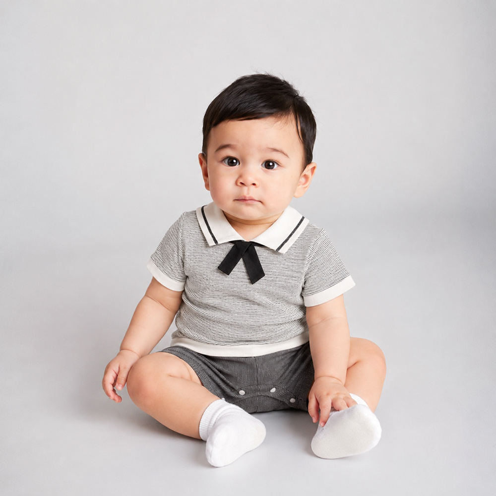 Body đùi bé trai đính nơ Bibo's 1757 phối kẻ ghi