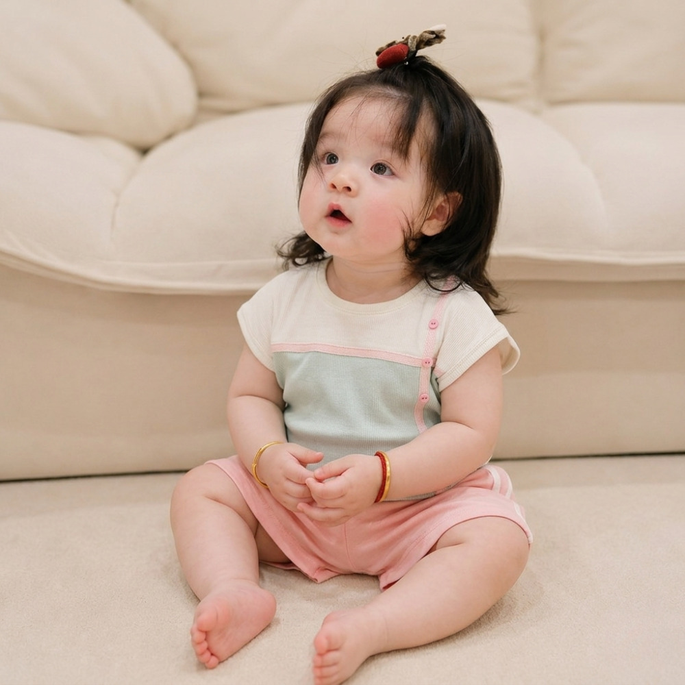 Bộ bé gái áo tay chờm Bibo's HY xanh phối CM30 hồng