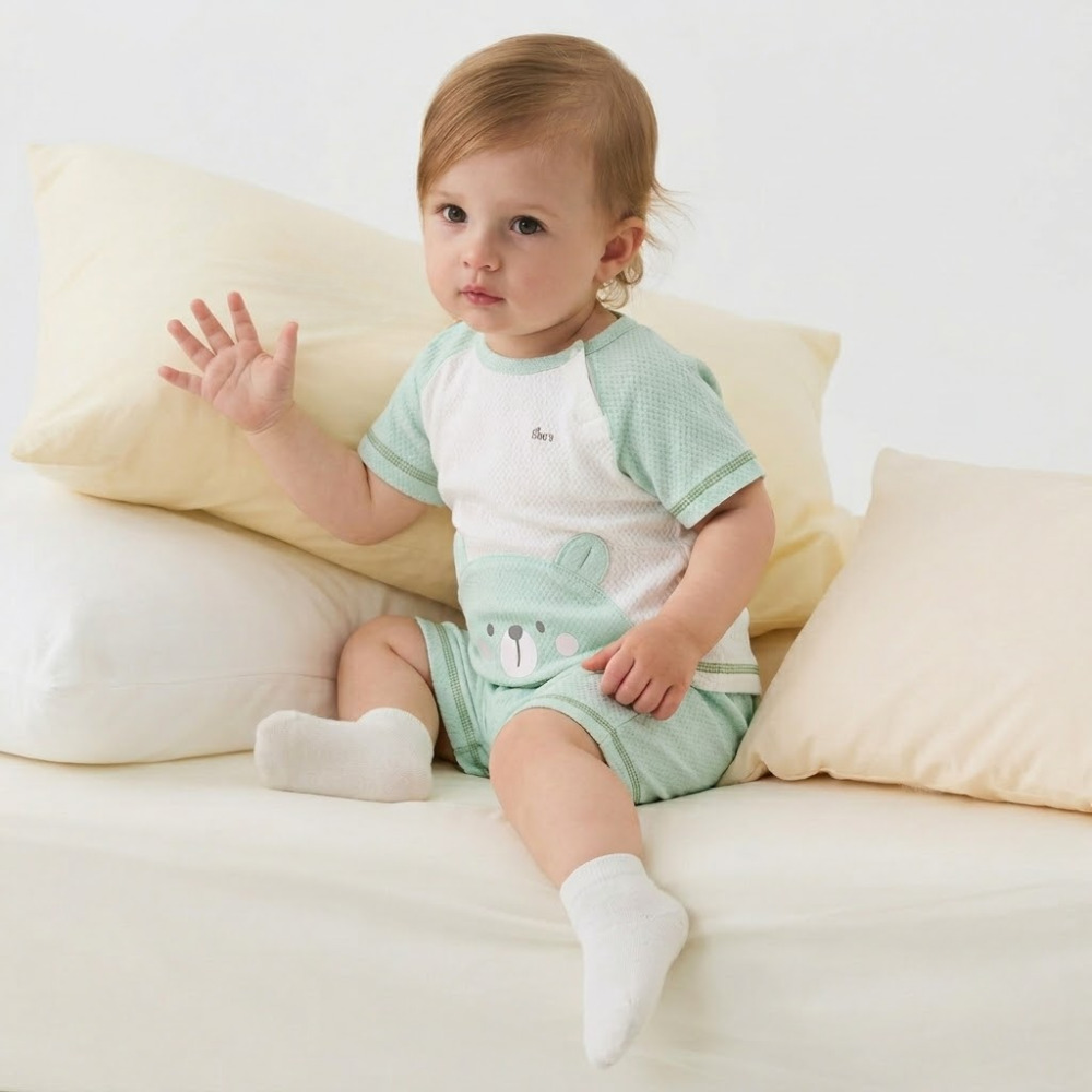 Bộ cộc tay cài vai bé trai tay raglan Bibo's H110400 xanh in gấu