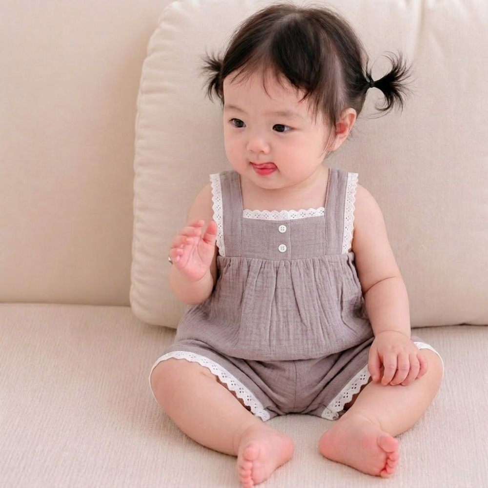 Bộ sát nách bé gái Bibo's xô ghi xanh phối ren
