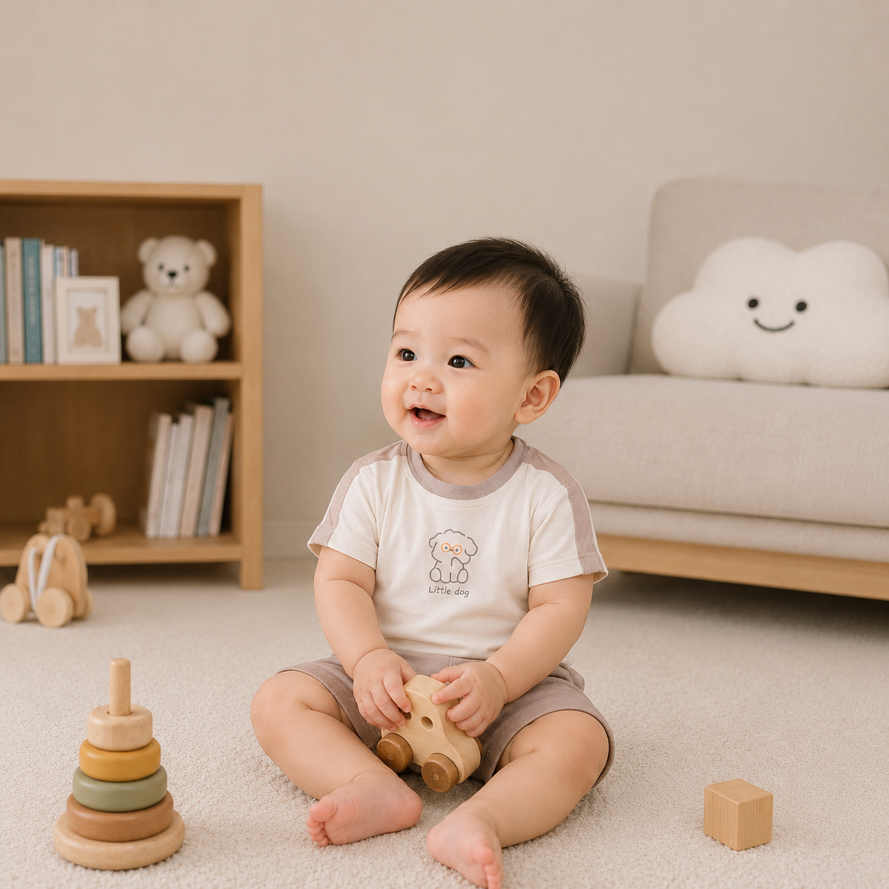 Bộ cộc tay bé trai Bibo's LV260 be phối nâu in cún