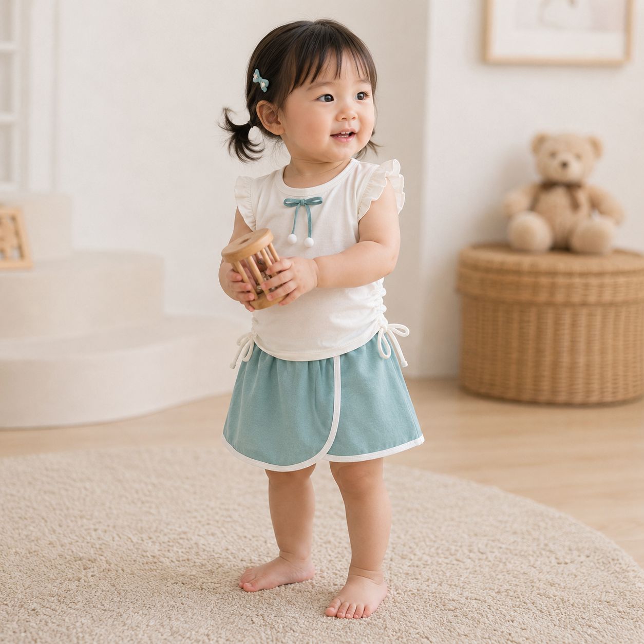 Bộ bé gái áo trắng LV260 Bibo's mix chân váy xanh