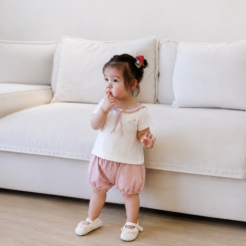Bộ cộc tay bé gái cổ thủy thủ Bibo's LV260 hồng đỗ