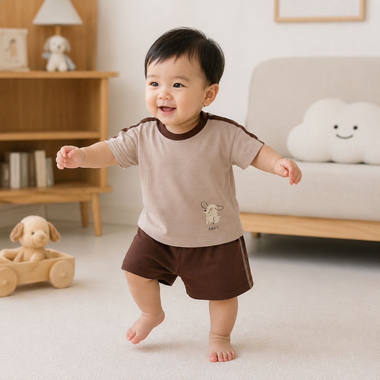 Bộ cộc tay bé trai Bibo's LV260 nâu đậm in cún