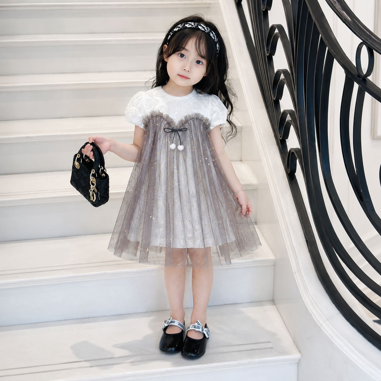Váy cộc tay Bibo's H0931 trắng phối tutu màu ghi 