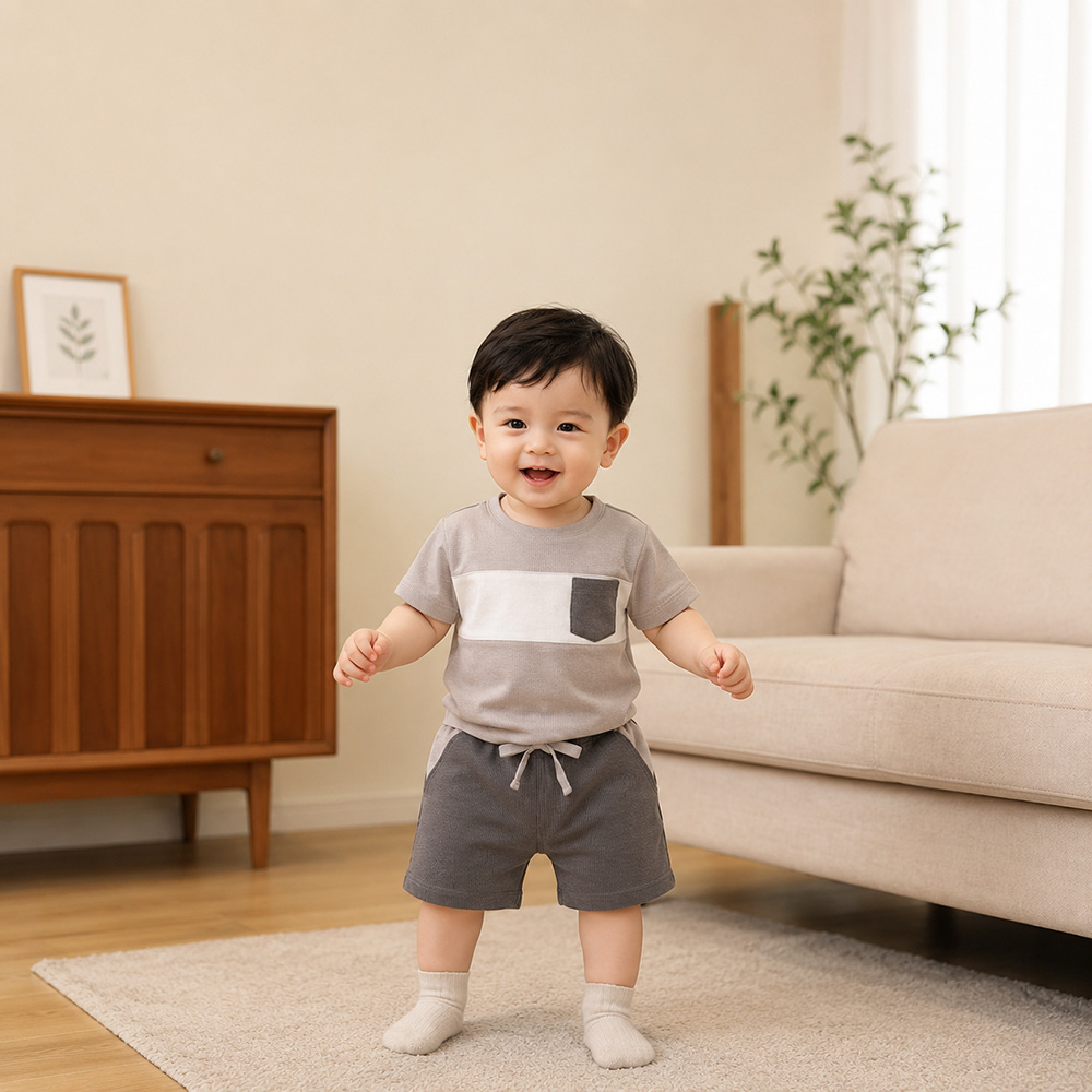 Bộ cộc tay bé trai Bibo's HY397831 phối rip 1757 màu ghi